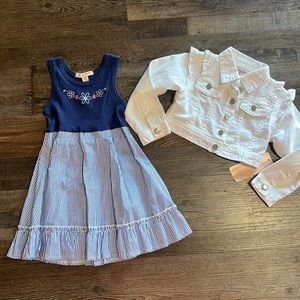 NANETTE LEPORE | navy floral/striped sun dress & white ruffle denim jacket 2PC